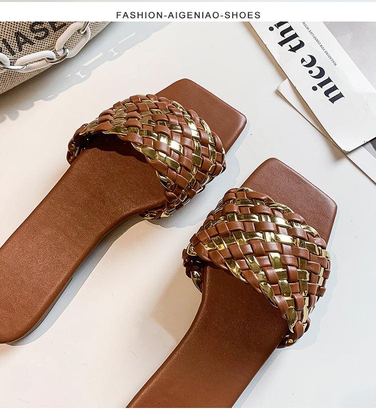 Chaussons de Luxe pour Femmes, Design Charmant, Sandales Plates de Plage à Bout Ouvert, Tongs Décontractées pour Femmes, Sandales Plates à Enfiler, Sandales Plates à Lanières en Cuir