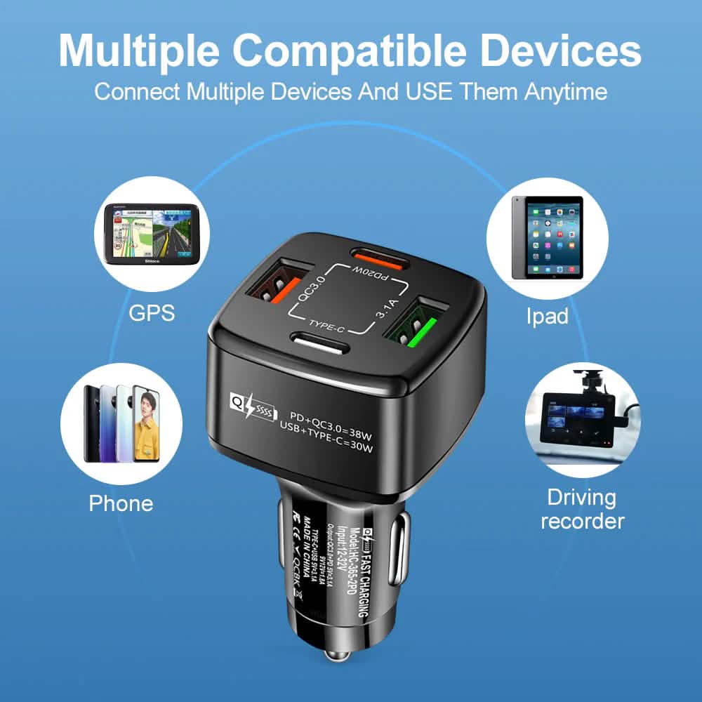 Chargeur de voiture PBG 4 ports - 2 ports PD et 2 ports USB