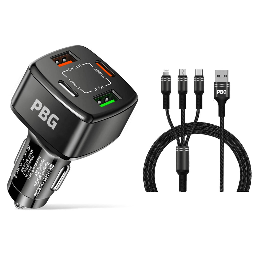 Chargeur de voiture 4 ports PBG Noir et Câble en nylon 3-en-1 de 1,2 m - Combo