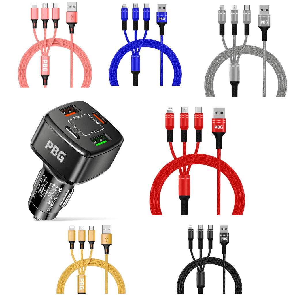 Chargeur de voiture 4 ports PBG Noir et Câble en nylon 3-en-1 de 1,2 m - Combo