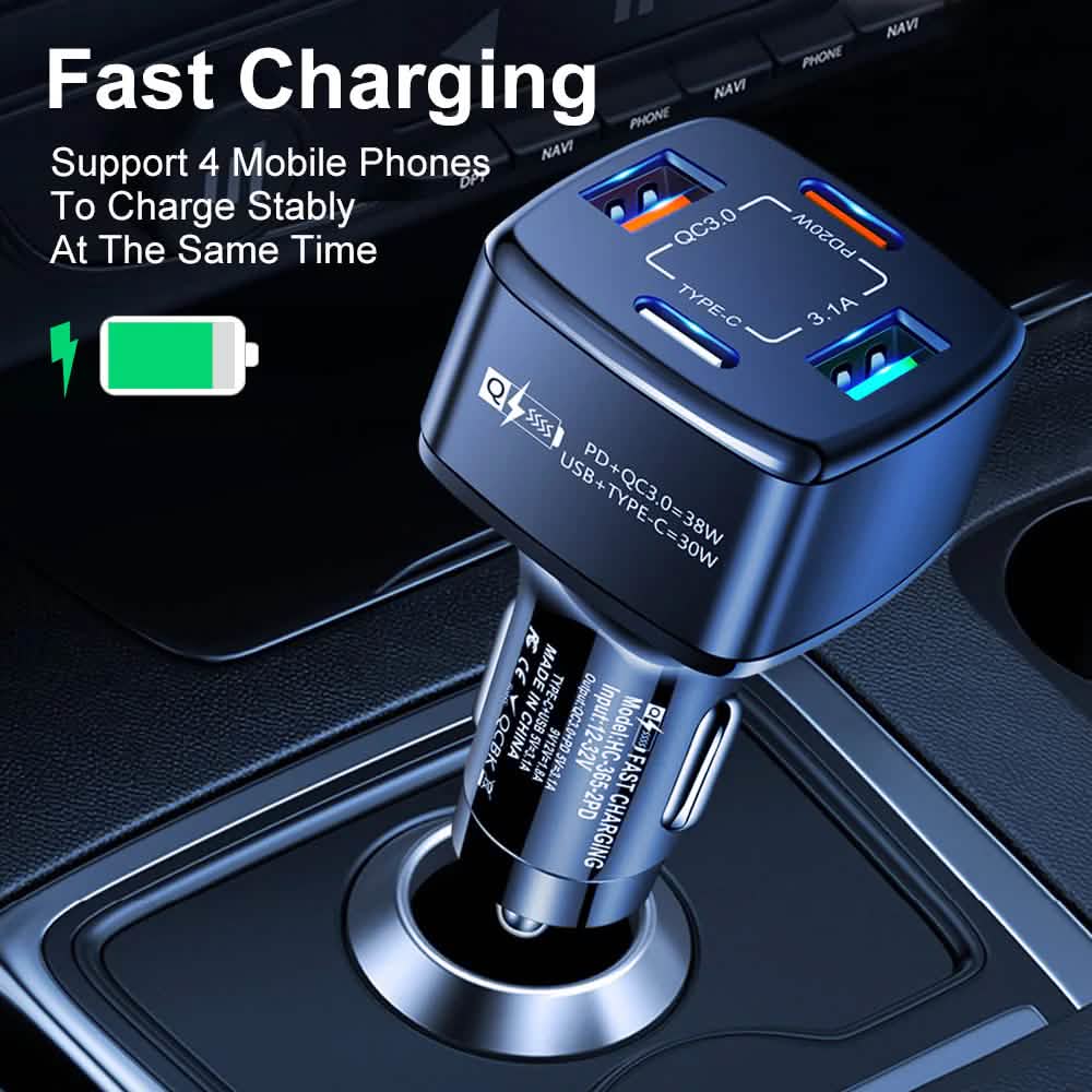 Chargeur de voiture 4 ports PBG Noir et Câble en nylon 3-en-1 de 1,2 m - Combo