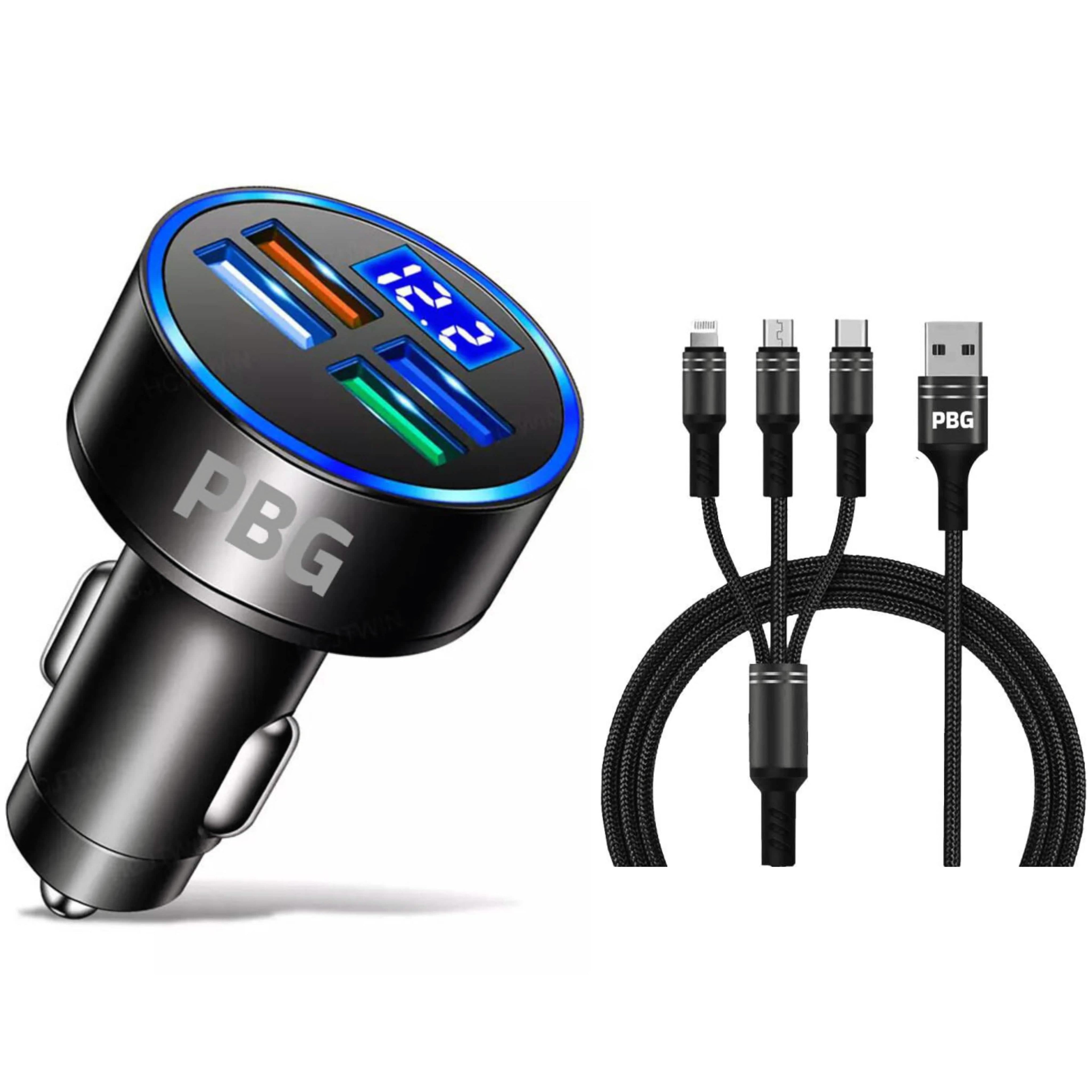 PBG Chargeur de voiture 4 ports LED avec affichage de tension et câble 3-en-1