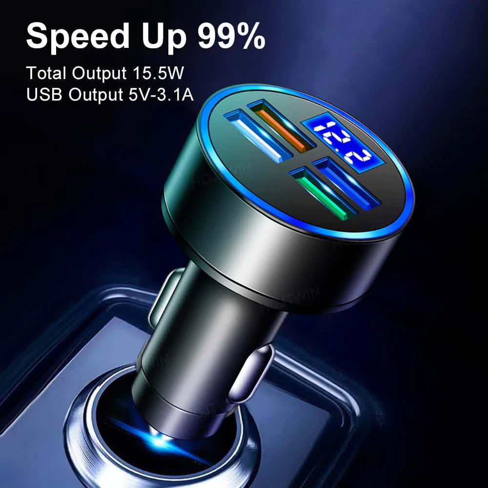 PBG Chargeur de voiture 4 ports LED avec affichage de tension et câble 3-en-1