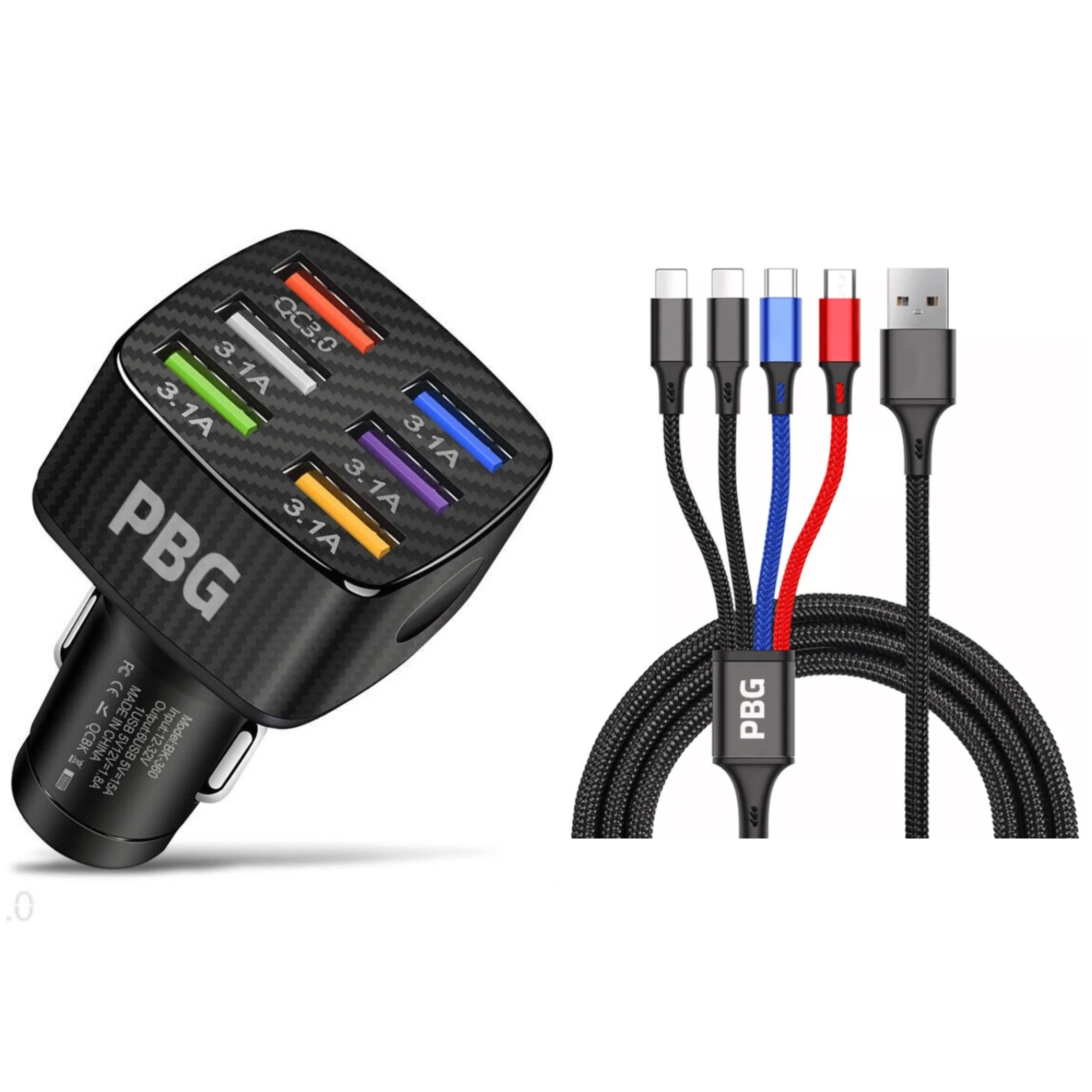 Chargeur de voiture PBG LED 6 ports et lot de câbles de charge en nylon 4 en 1