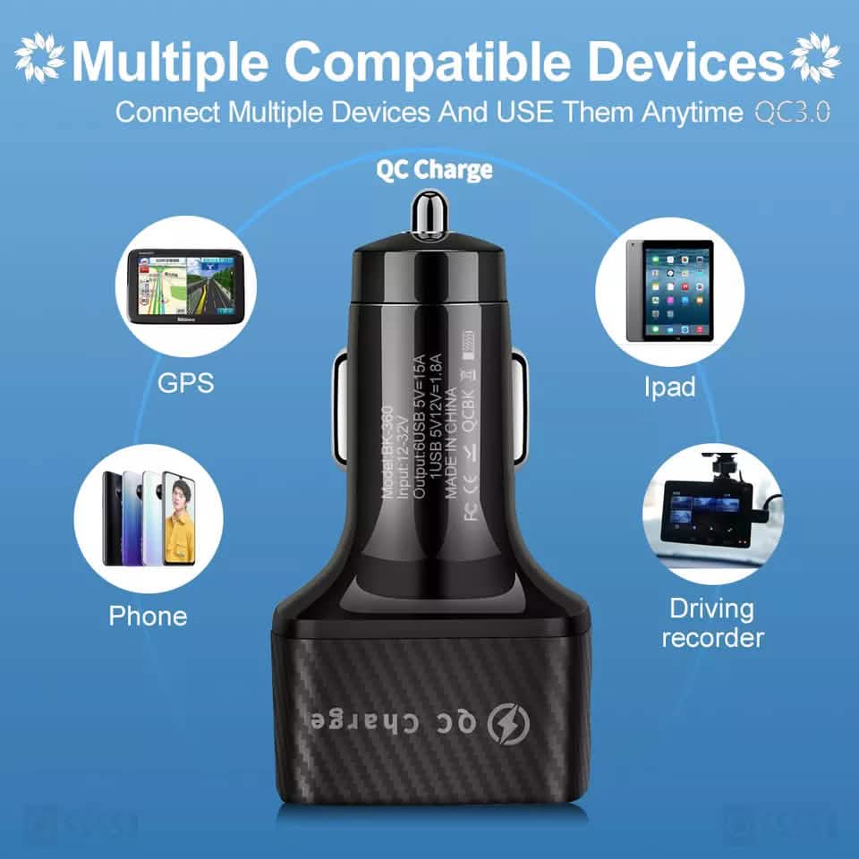 Chargeur de voiture PBG LED 6 ports et lot de câbles de charge en nylon 4 en 1