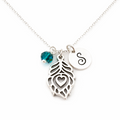 Peacock Feather Necklace – Sterling Silver with Birthstone & Initial Charm