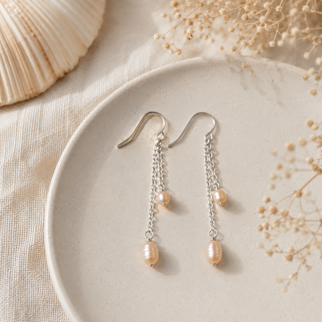 Boucles d'oreilles pendantes duo de chaînes en perles d'eau douce OOAK