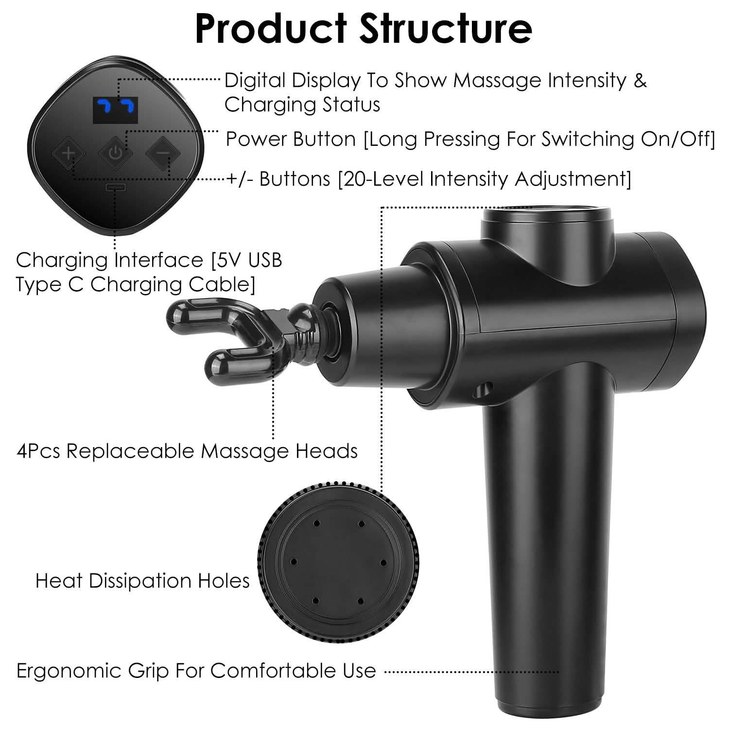 Pistolet de massage vibrant rechargeable avec écran numérique pour les tissus profonds