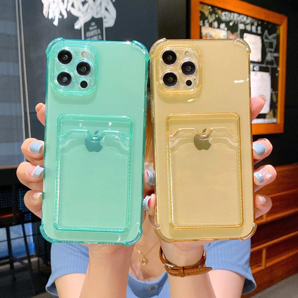 Coque de téléphone pour iPhone 12 13 14 Mini Coque pour iPhone Étui mignon en silicone souple avec porte-cartes Transparent Robuste Housse de protection arrière en cristal transparent avec pare-chocs antichoc