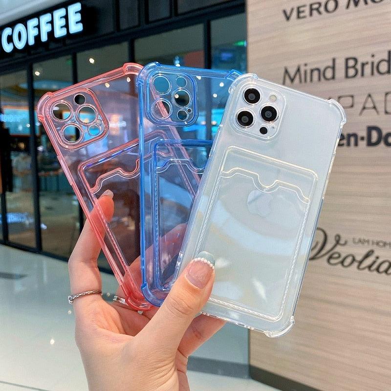 Coque de téléphone pour iPhone 12 13 14 Mini Coque pour iPhone Étui mignon en silicone souple avec porte-cartes Transparent Robuste Housse de protection arrière en cristal transparent avec pare-chocs antichoc