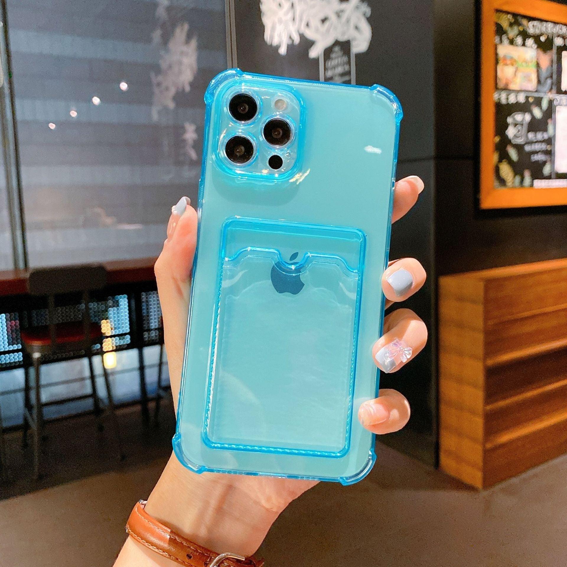Coque de téléphone pour iPhone 12 13 14 Mini Coque pour iPhone Étui mignon en silicone souple avec porte-cartes Transparent Robuste Housse de protection arrière en cristal transparent avec pare-chocs antichoc
