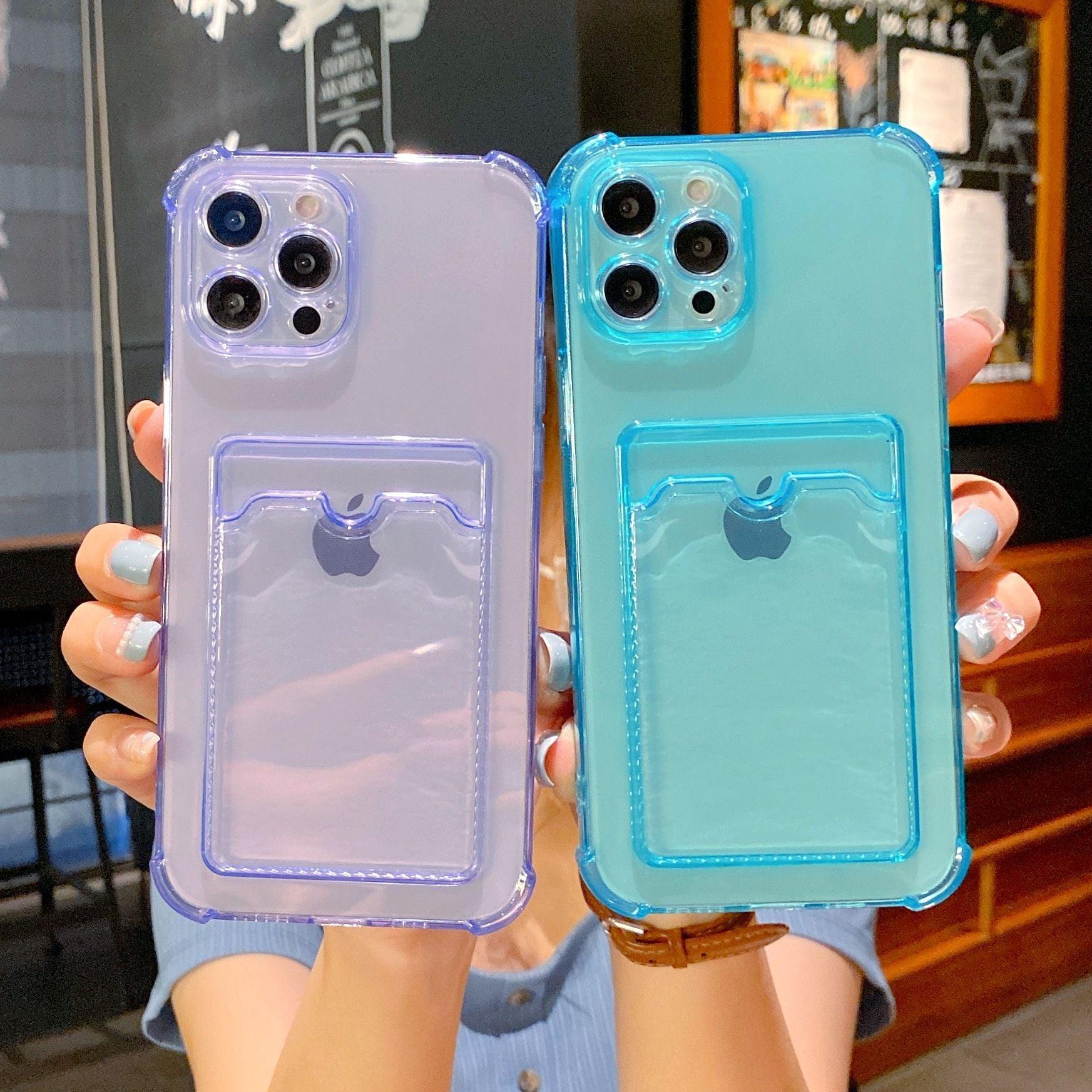 Coque de téléphone pour iPhone 12 13 14 Mini Coque pour iPhone Étui mignon en silicone souple avec porte-cartes Transparent Robuste Housse de protection arrière en cristal transparent avec pare-chocs antichoc