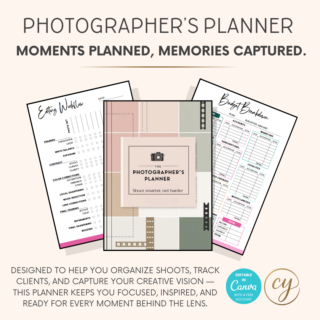 Planificateur d'entreprise de photographie | Modèle Canva de plus de 50 pages