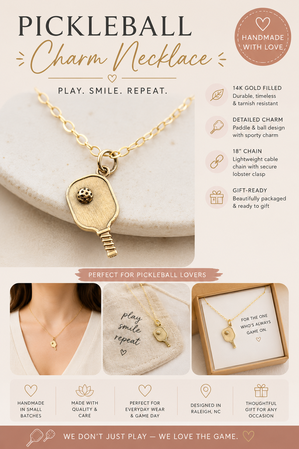 Pickleball Charm Necklace - 14k Gold Filled Jewelry - Handmade Necklace