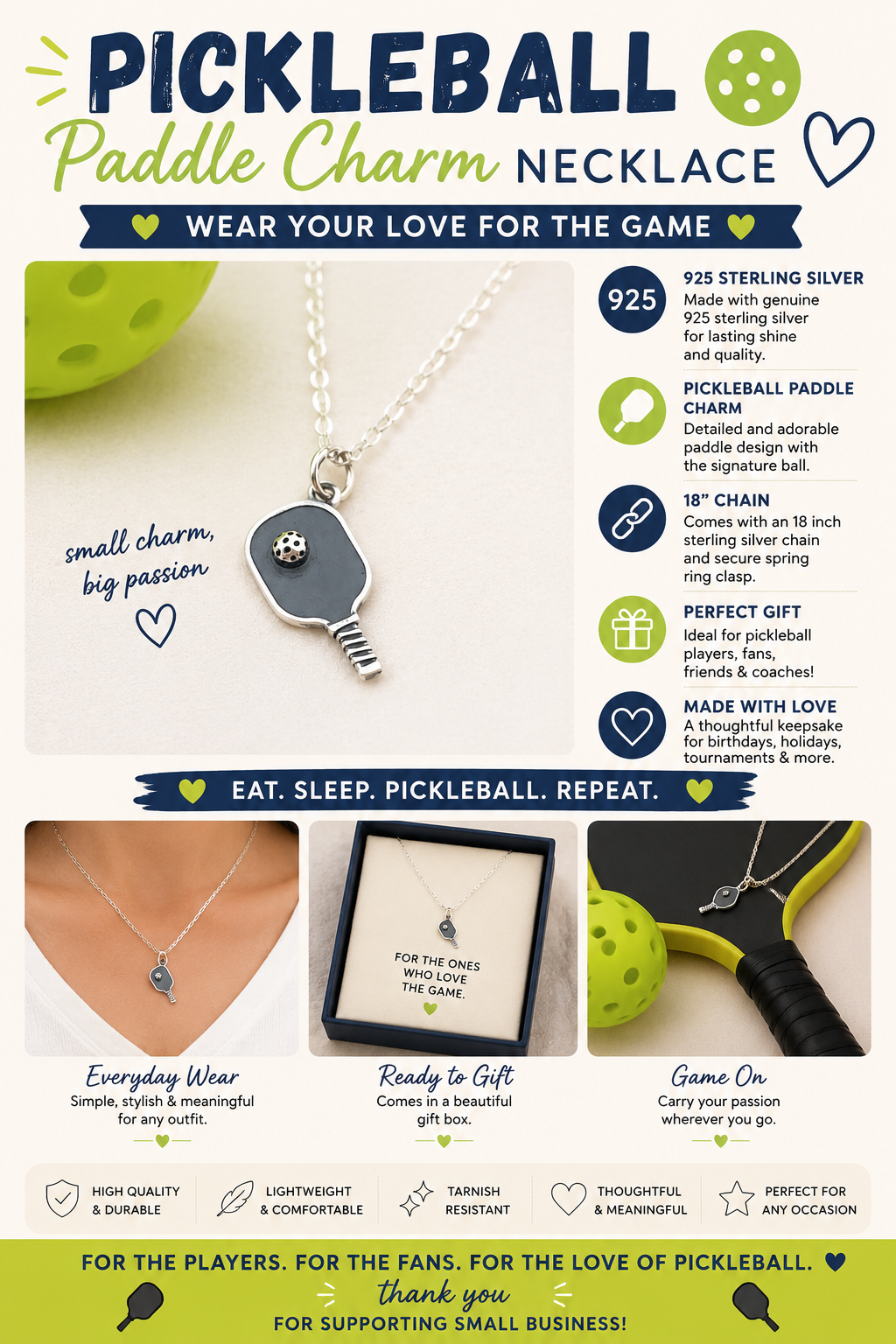 Breloque raquette de pickleball - Pendentif sportif - Collier en argent sterling - Bijoux faits à la main