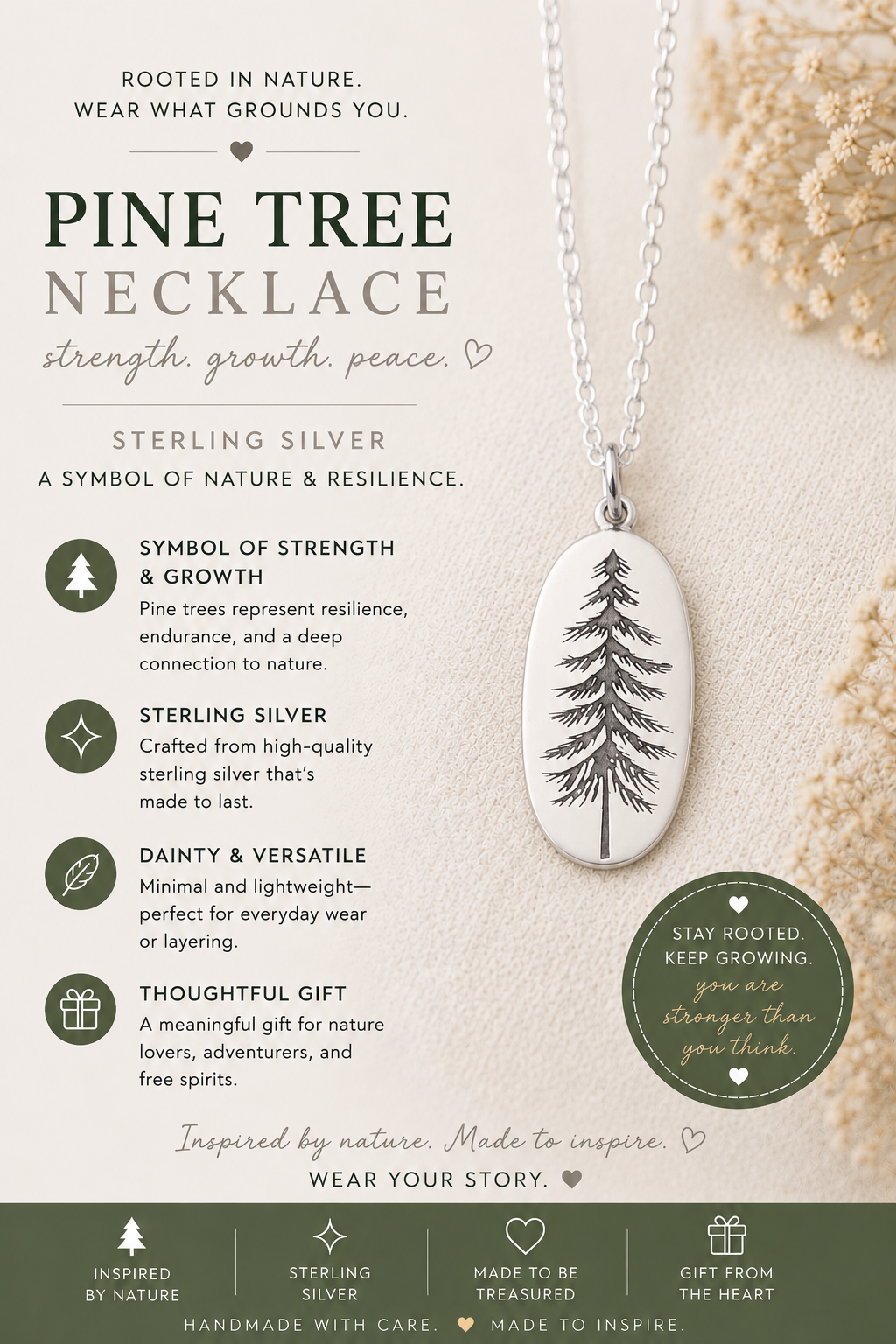 Collier en argent sterling avec pendentif arbre de pin – Breloque nature minimaliste