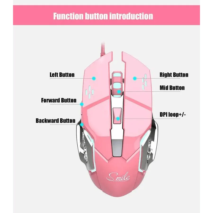 Souris de jeu rose girly 3200 DPI Rétroéclairage réglable 4 niveaux DPI Souris filaire pour femmes joueuses