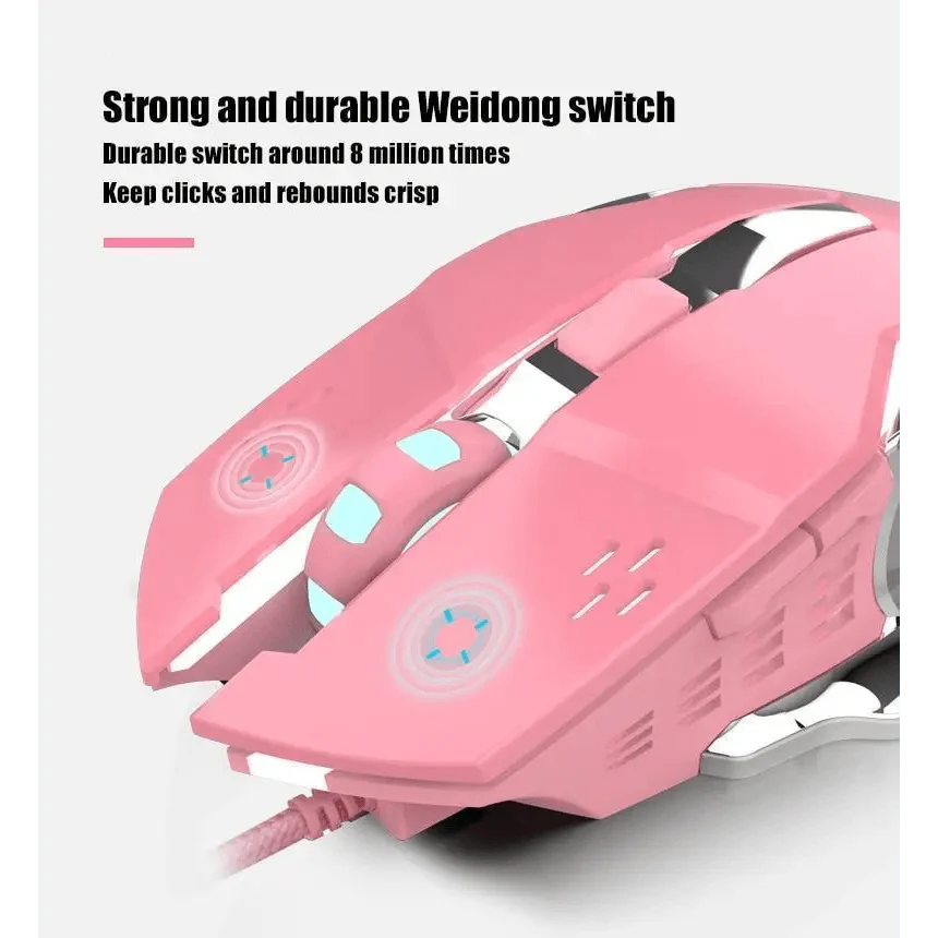 Souris de jeu rose girly 3200 DPI Rétroéclairage réglable 4 niveaux DPI Souris filaire pour femmes joueuses