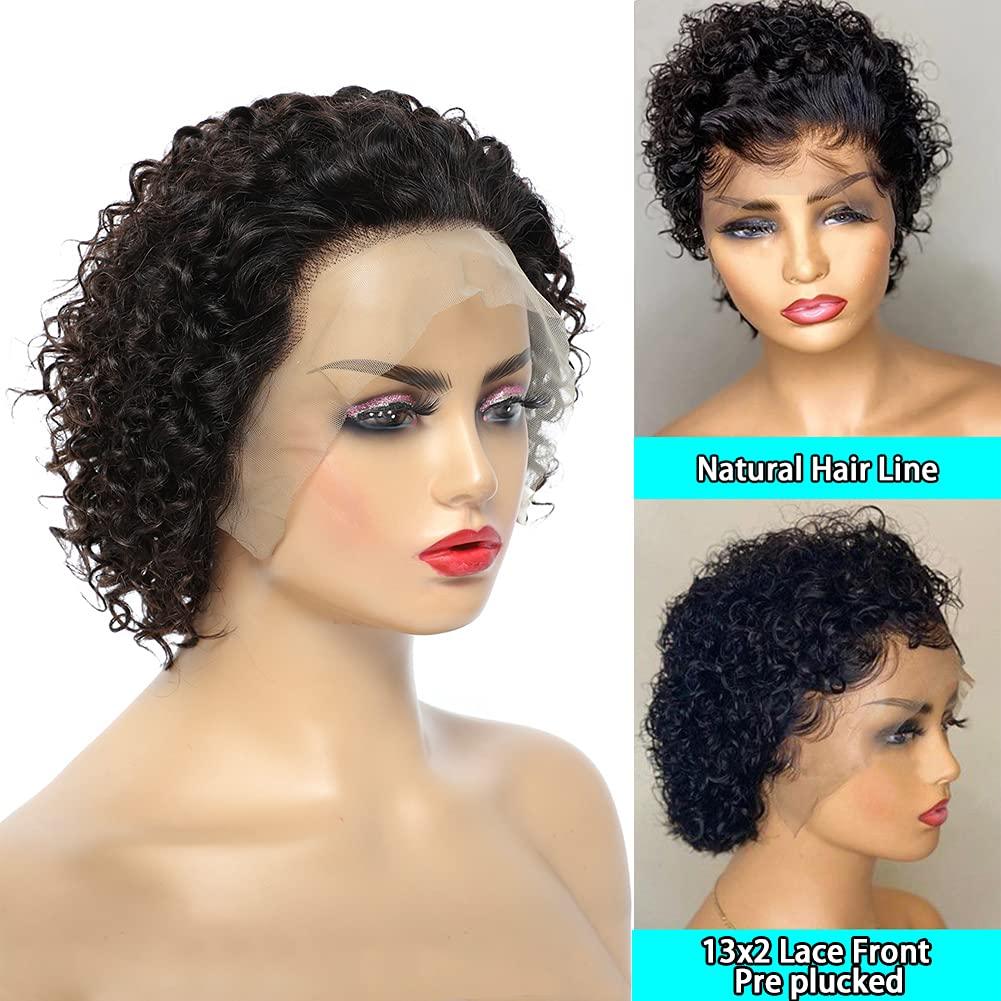 Perruque Pixie courte bouclée Cheveux Humains Perruques pré-plumées Brésiliennes Deep Water Wave Vierge Dentelle Frontale pour Femmes avec Cheveux de bébé Perruques pour Femmes Noires Cadeaux pour Petites Amies