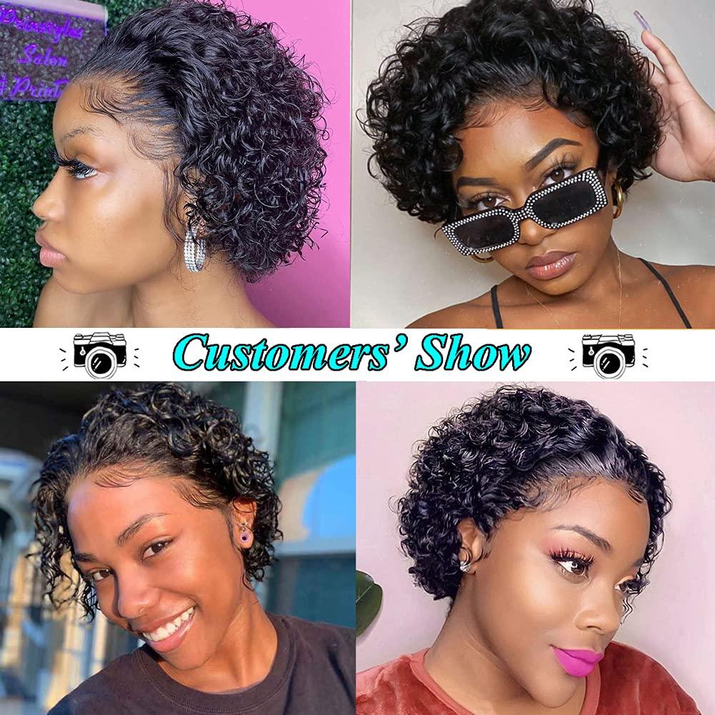 Perruque Pixie courte bouclée Cheveux Humains Perruques pré-plumées Brésiliennes Deep Water Wave Vierge Dentelle Frontale pour Femmes avec Cheveux de bébé Perruques pour Femmes Noires Cadeaux pour Petites Amies