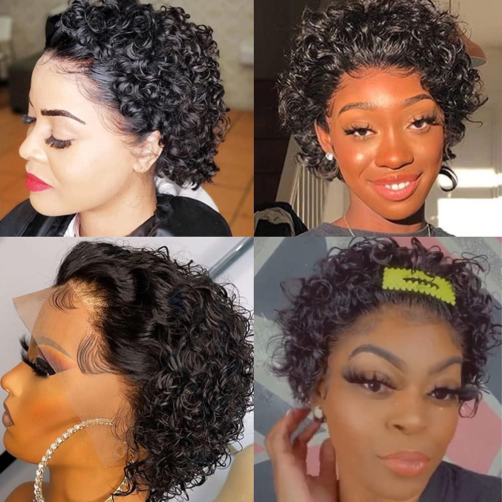 Perruque Pixie courte bouclée Cheveux Humains Perruques pré-plumées Brésiliennes Deep Water Wave Vierge Dentelle Frontale pour Femmes avec Cheveux de bébé Perruques pour Femmes Noires Cadeaux pour Petites Amies