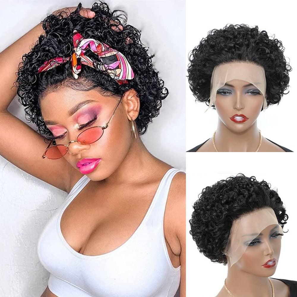 Perruque Pixie courte bouclée Cheveux Humains Perruques pré-plumées Brésiliennes Deep Water Wave Vierge Dentelle Frontale pour Femmes avec Cheveux de bébé Perruques pour Femmes Noires Cadeaux pour Petites Amies