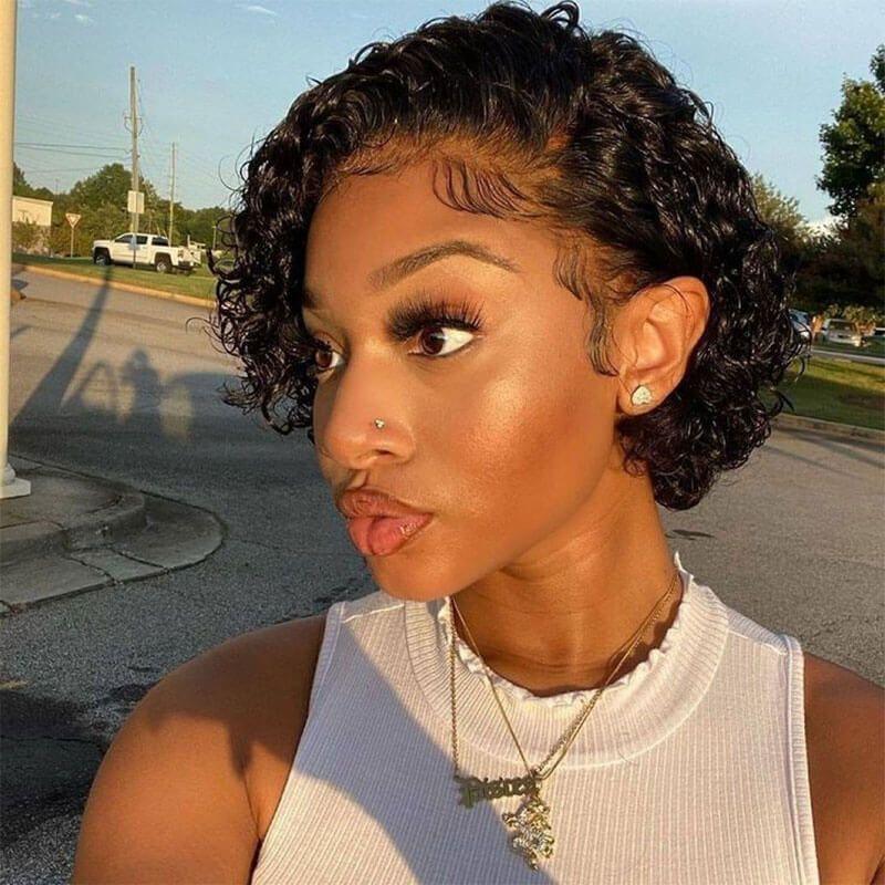 Perruque Coupe Pixie Cheveux Humains Bouclés Perruques Courtes Bob Bouclées Cheveux Humains Pour Femmes Perruque Complète Faite à la Machine Perruques Cheveux Humains Pour Femmes Noires Cadeaux pour Petites Amies