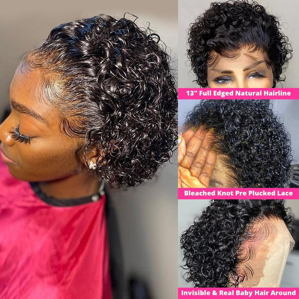 Perruque Pixie courte bouclée en cheveux naturels, perruque en cheveux naturels 13x1 avec dentelle transparente, pré-épilée avec cheveux de bébé pour femmes noires