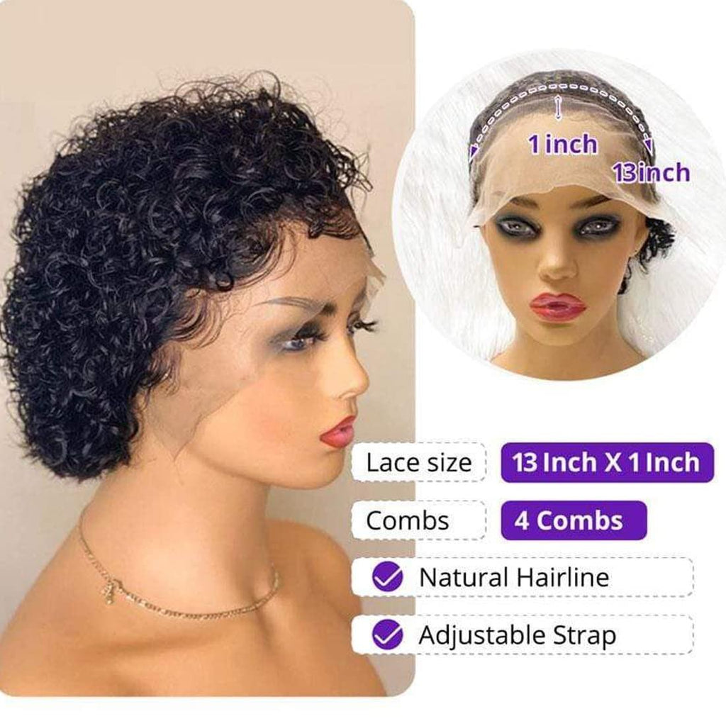 Perruque Pixie courte bouclée en cheveux naturels, perruque en cheveux naturels 13x1 avec dentelle transparente, pré-épilée avec cheveux de bébé pour femmes noires