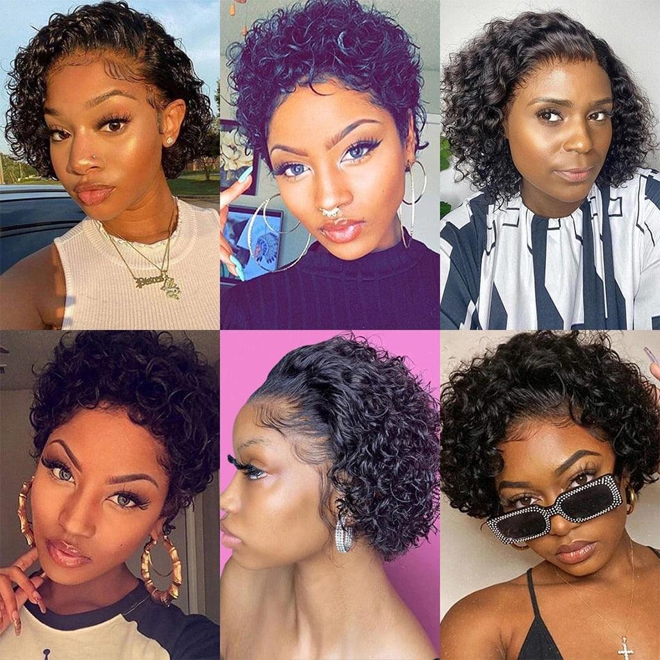 Perruque Pixie courte bouclée en cheveux naturels, perruque en cheveux naturels 13x1 avec dentelle transparente, pré-épilée avec cheveux de bébé pour femmes noires