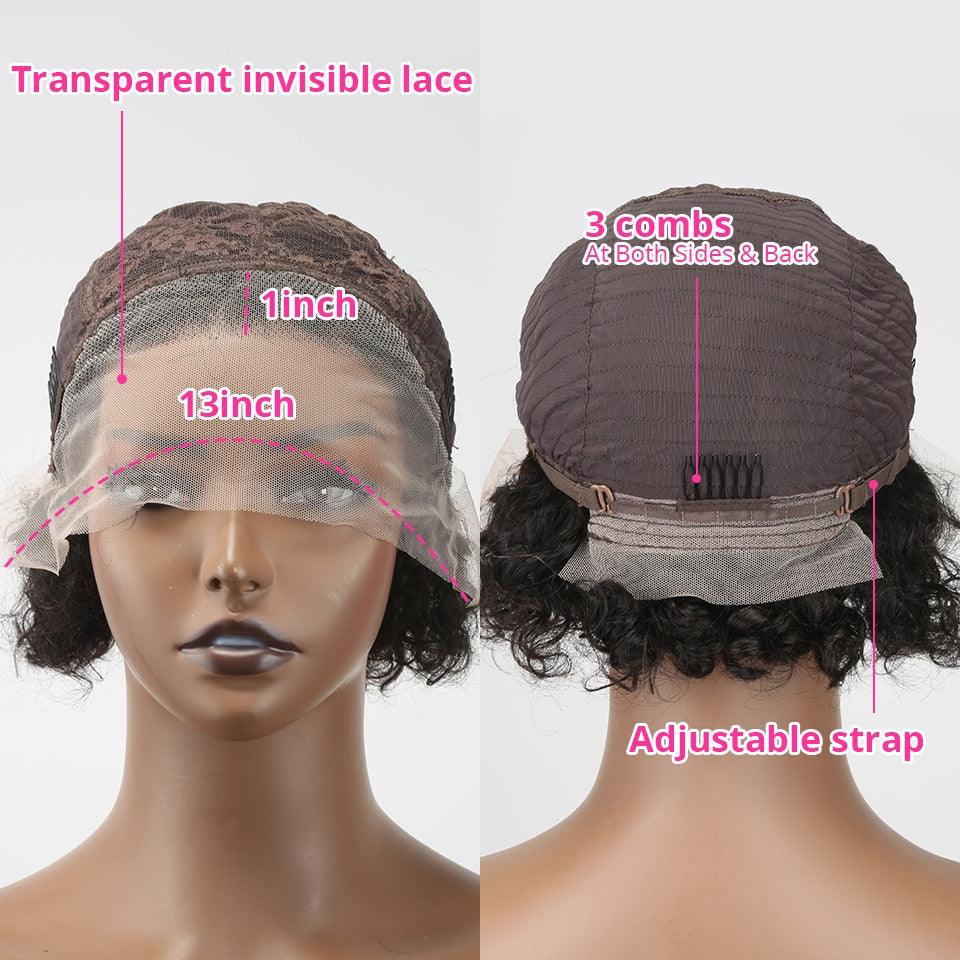 Perruque Pixie courte bouclée en cheveux naturels, perruque en cheveux naturels 13x1 avec dentelle transparente, pré-épilée avec cheveux de bébé pour femmes noires