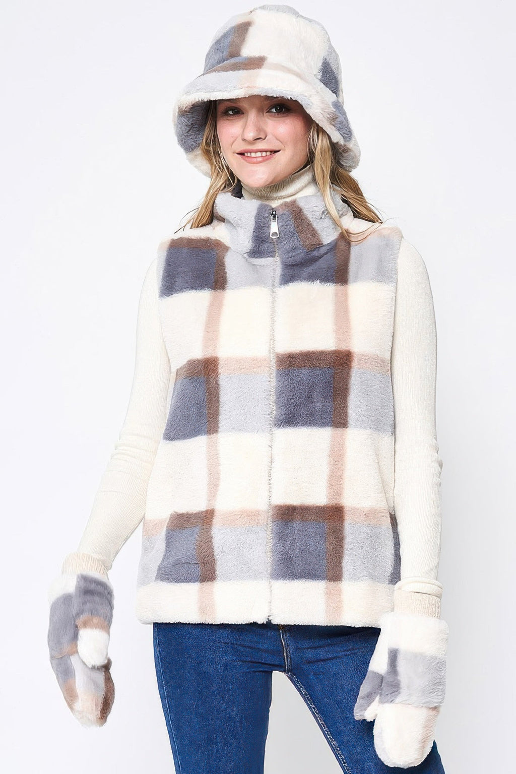 Gilet écossais en fausse fourrure