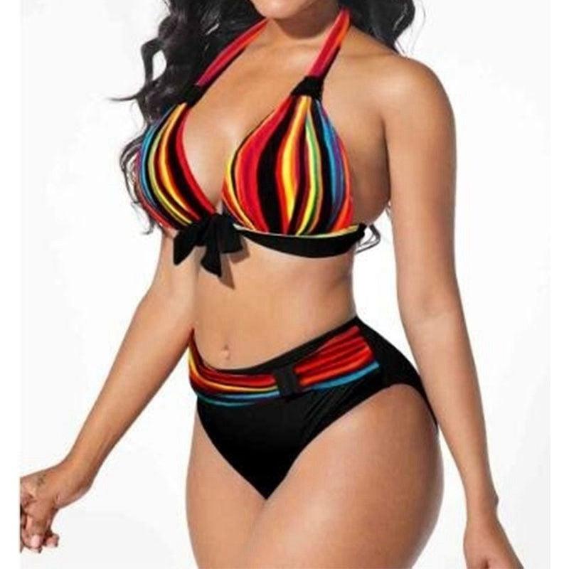 Ensemble de bikini rayé néon grande taille Push Up Femme Taille Haute Ensemble de Bikini Halter Deux Pièces Maillot de Bain Croisé Gainant Maillot de Bain Push Up Femme Taille Haute Halter Maillot de Bain de Plage Rétro Maillot de Bain