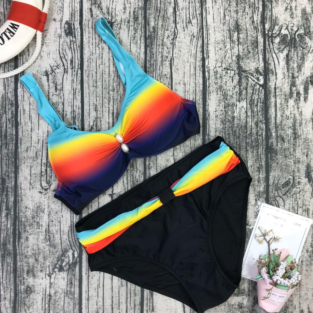 Ensemble de bikini rayé néon grande taille Push Up Femme Taille Haute Ensemble de Bikini Halter Deux Pièces Maillot de Bain Croisé Gainant Maillot de Bain Push Up Femme Taille Haute Halter Maillot de Bain de Plage Rétro Maillot de Bain
