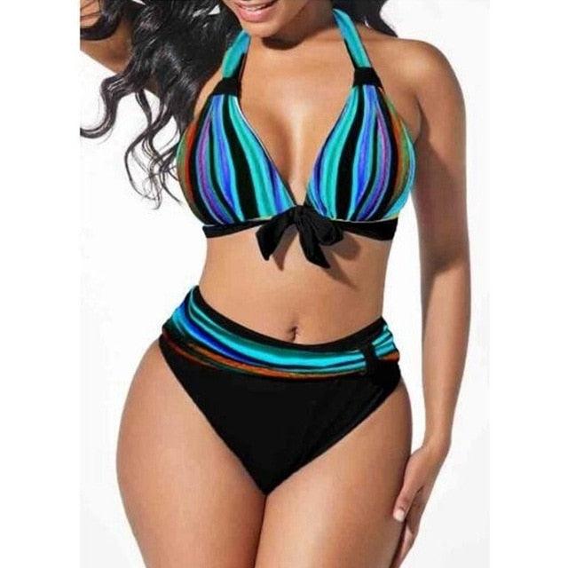 Ensemble de bikini rayé néon grande taille Push Up Femme Taille Haute Ensemble de Bikini Halter Deux Pièces Maillot de Bain Croisé Gainant Maillot de Bain Push Up Femme Taille Haute Halter Maillot de Bain de Plage Rétro Maillot de Bain