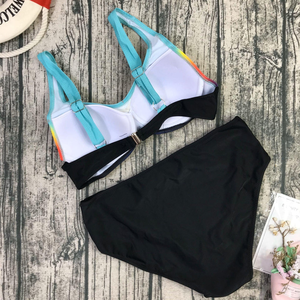Ensemble de bikini rayé néon grande taille Push Up Femme Taille Haute Ensemble de Bikini Halter Deux Pièces Maillot de Bain Croisé Gainant Maillot de Bain Push Up Femme Taille Haute Halter Maillot de Bain de Plage Rétro Maillot de Bain