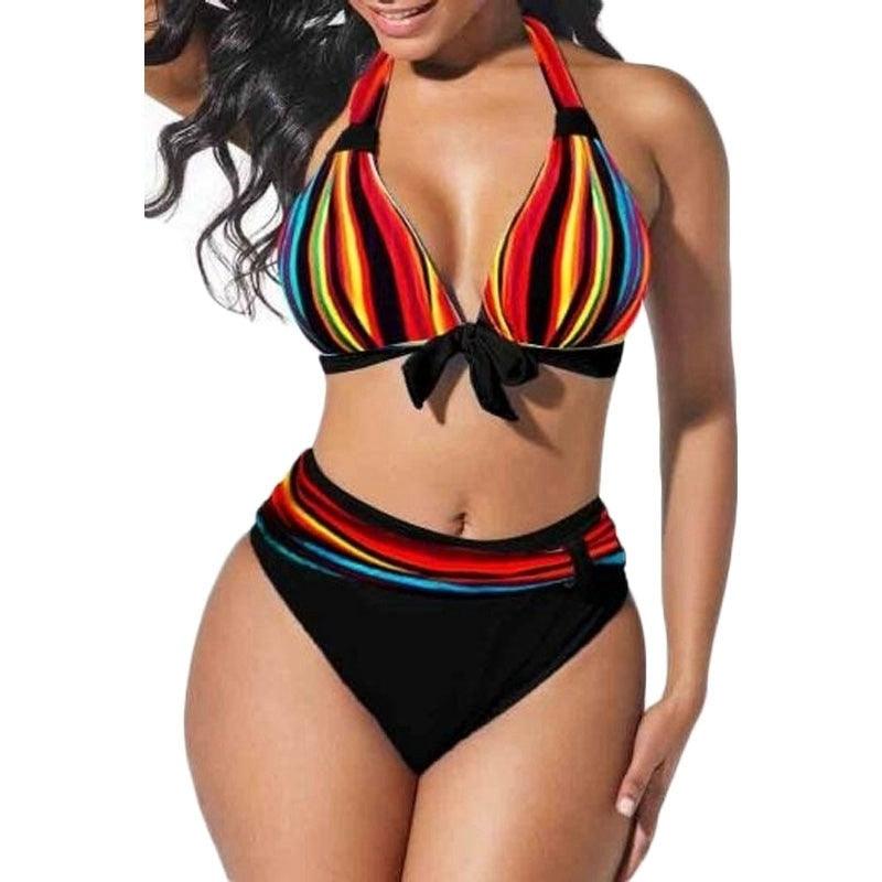 Ensemble de bikini rayé néon grande taille Push Up Femme Taille Haute Ensemble de Bikini Halter Deux Pièces Maillot de Bain Croisé Gainant Maillot de Bain Push Up Femme Taille Haute Halter Maillot de Bain de Plage Rétro Maillot de Bain