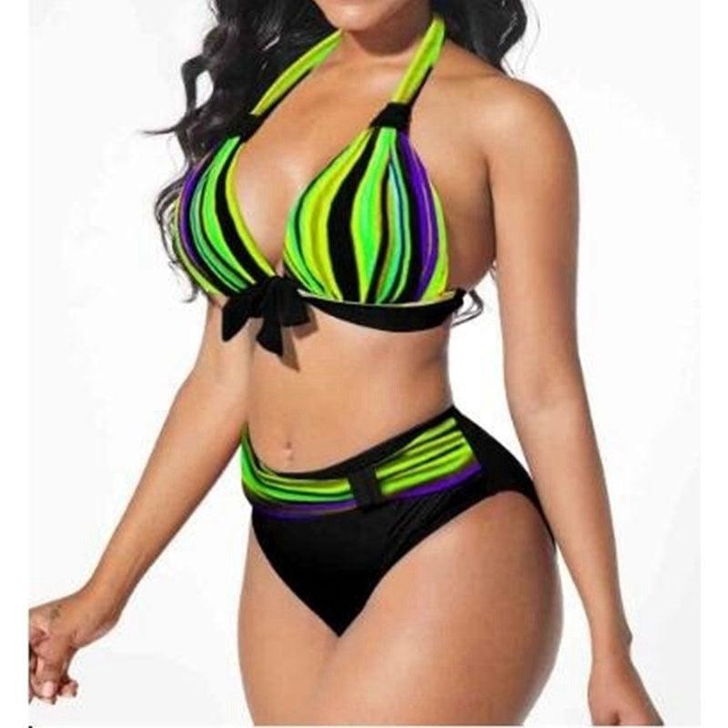 Ensemble de bikini rayé néon grande taille Push Up Femme Taille Haute Ensemble de Bikini Halter Deux Pièces Maillot de Bain Croisé Gainant Maillot de Bain Push Up Femme Taille Haute Halter Maillot de Bain de Plage Rétro Maillot de Bain