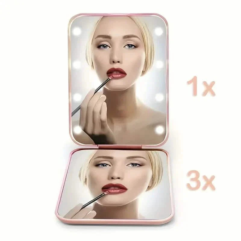 Miroir de poche, miroir de maquillage de voyage compact à LED avec grossissement 1X/3X