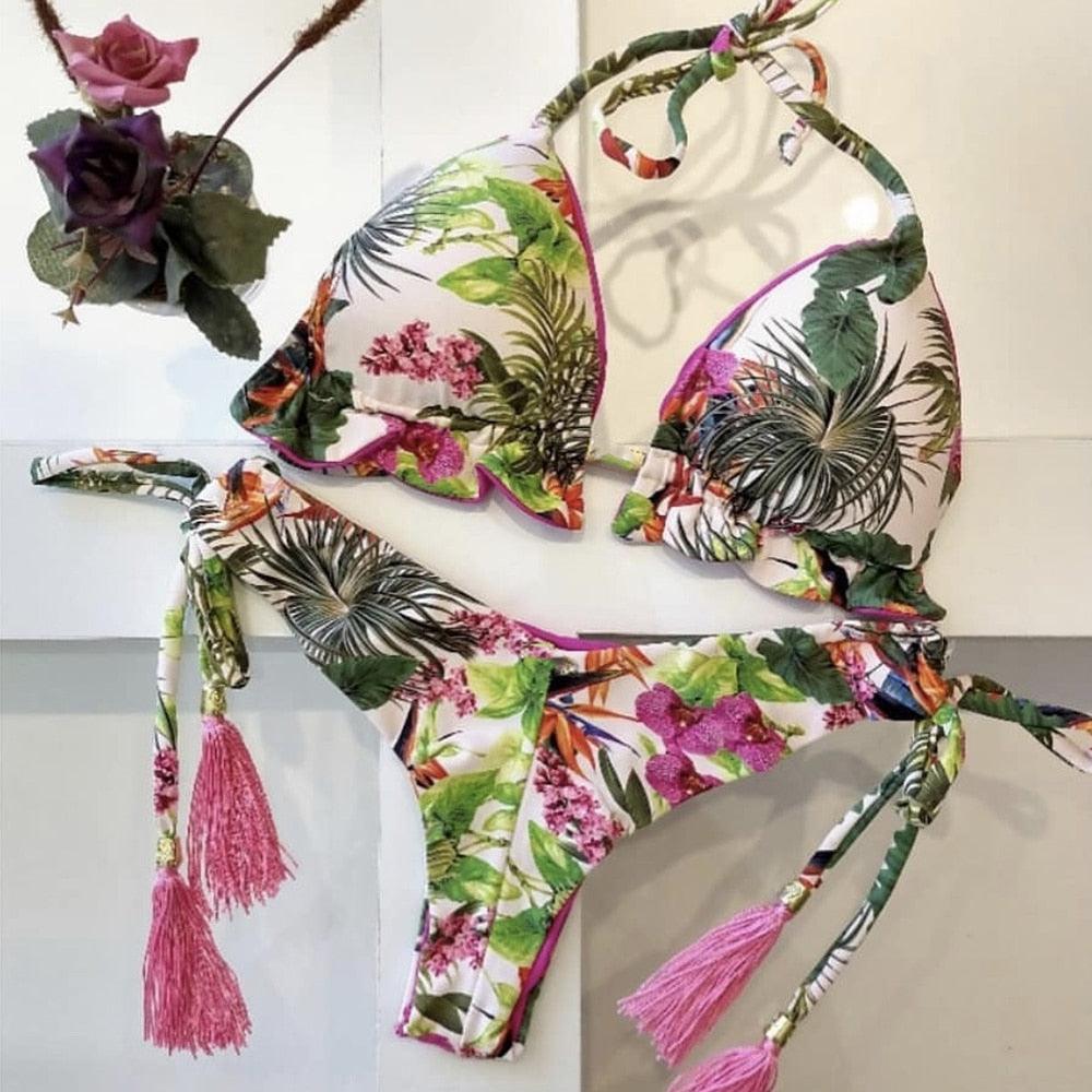 Maillot de bain deux pièces populaire pour femme - ensemble bikini push-up rembourré - ensemble bikini floral - maillot de bain deux pièces à volants taille basse - maillot de bain push-up