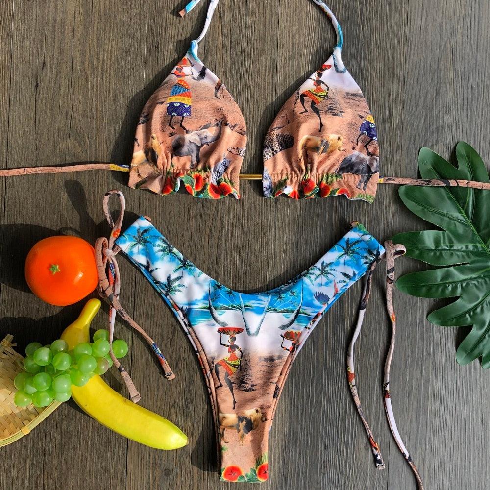 Maillot de bain deux pièces populaire pour femme - ensemble bikini push-up rembourré - ensemble bikini floral - maillot de bain deux pièces à volants taille basse - maillot de bain push-up