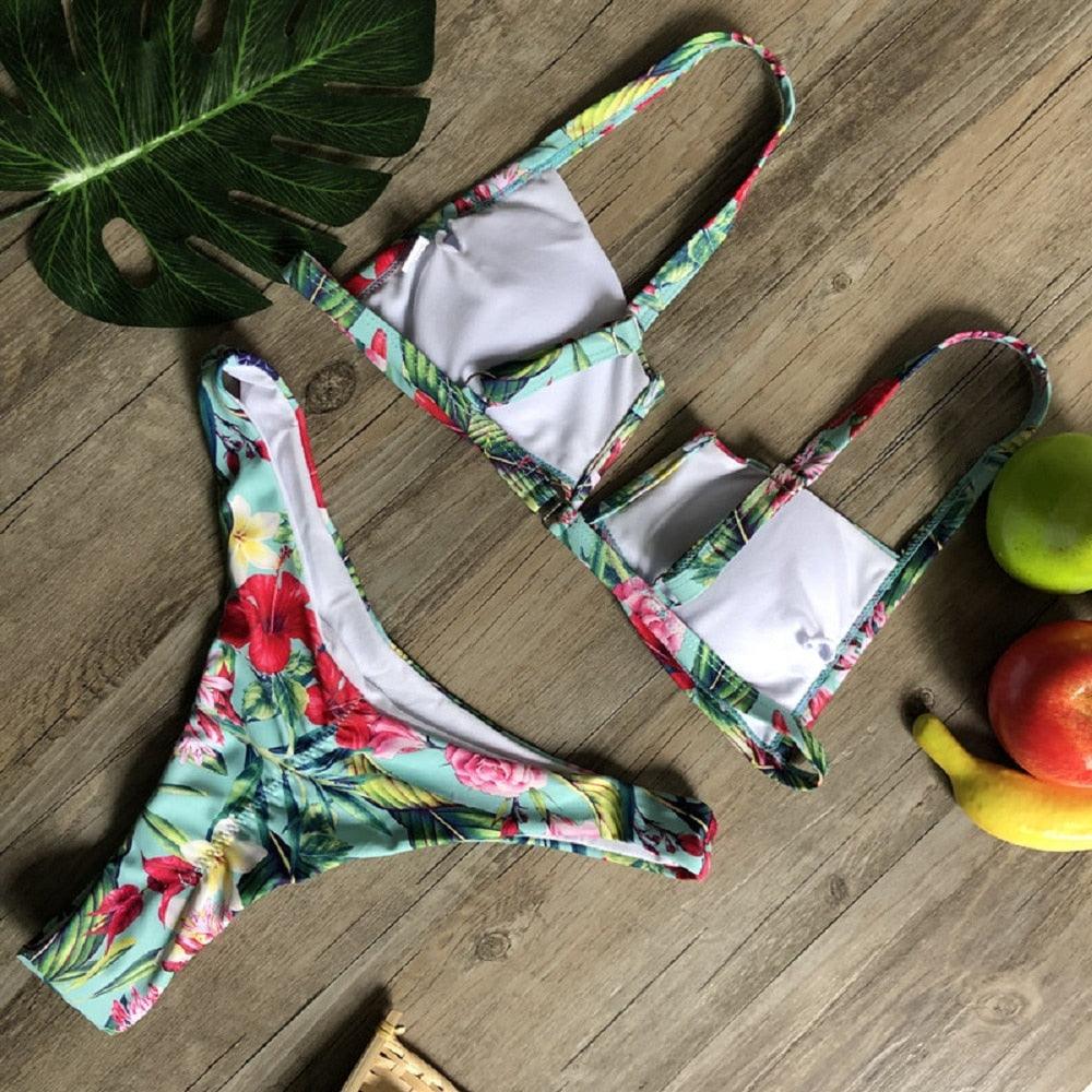 Maillot de bain deux pièces populaire pour femme - ensemble bikini push-up rembourré - ensemble bikini floral - maillot de bain deux pièces à volants taille basse - maillot de bain push-up