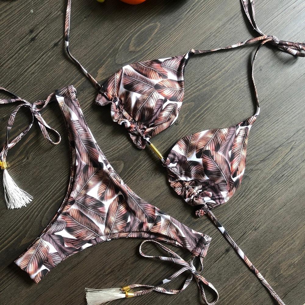 Maillot de bain deux pièces populaire pour femme - ensemble bikini push-up rembourré - ensemble bikini floral - maillot de bain deux pièces à volants taille basse - maillot de bain push-up