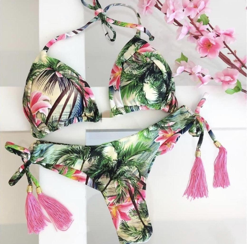 Maillot de bain deux pièces populaire pour femme - ensemble bikini push-up rembourré - ensemble bikini floral - maillot de bain deux pièces à volants taille basse - maillot de bain push-up