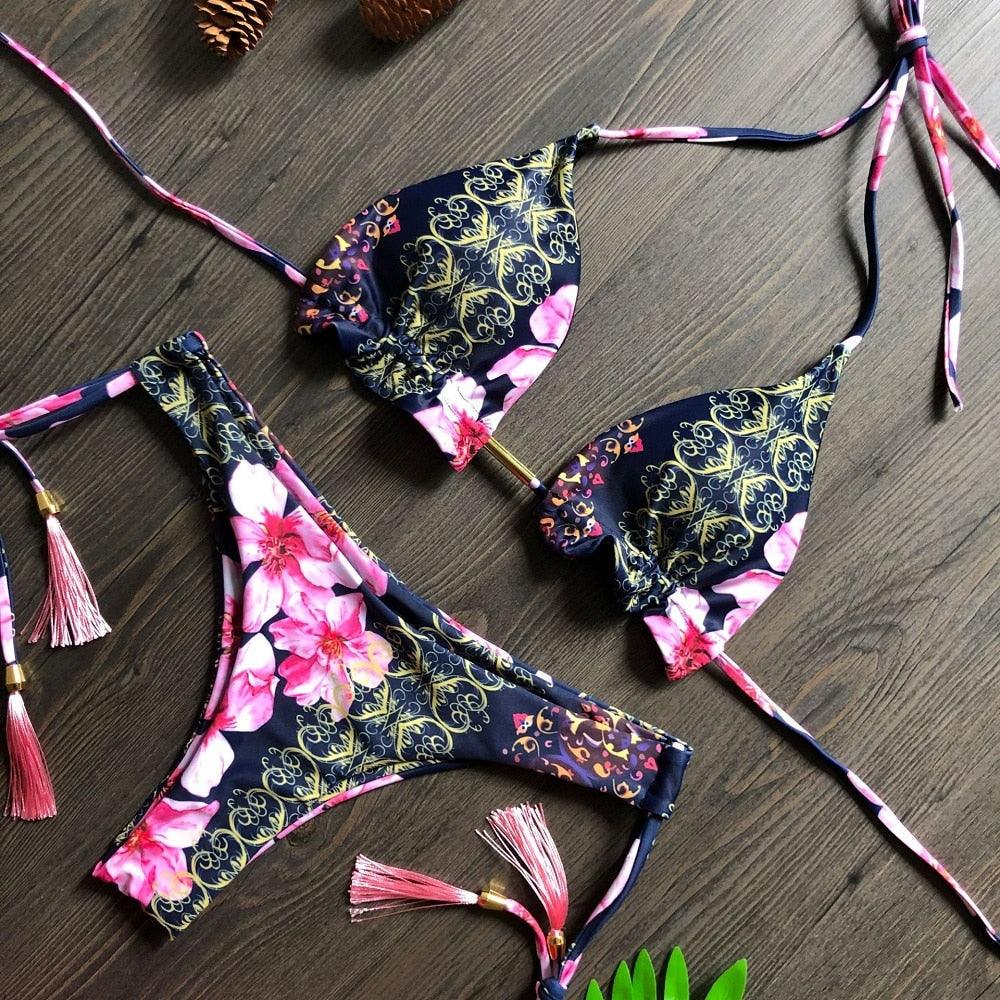Maillot de bain deux pièces populaire pour femme - ensemble bikini push-up rembourré - ensemble bikini floral - maillot de bain deux pièces à volants taille basse - maillot de bain push-up