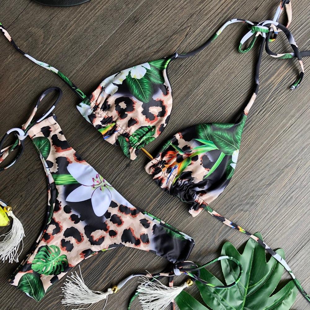 Maillot de bain deux pièces populaire pour femme - ensemble bikini push-up rembourré - ensemble bikini floral - maillot de bain deux pièces à volants taille basse - maillot de bain push-up