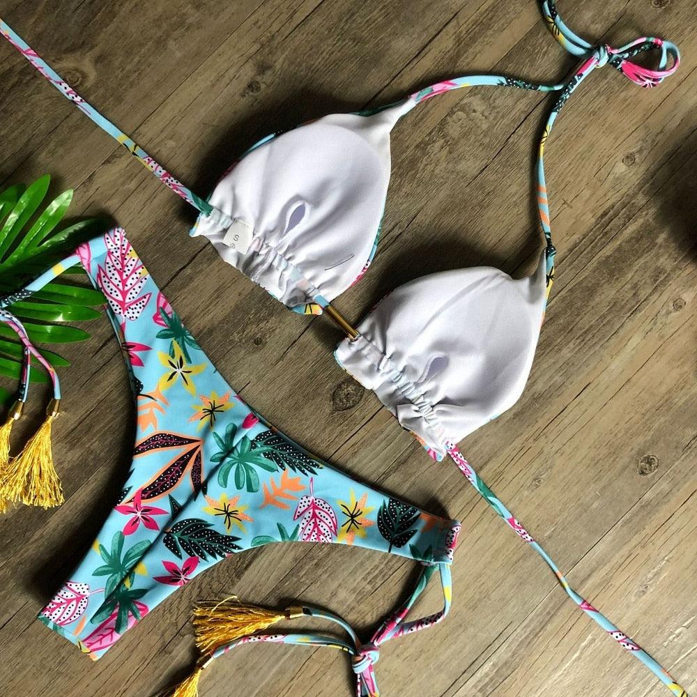 Maillot de bain deux pièces populaire pour femme - ensemble bikini push-up rembourré - ensemble bikini floral - maillot de bain deux pièces à volants taille basse - maillot de bain push-up