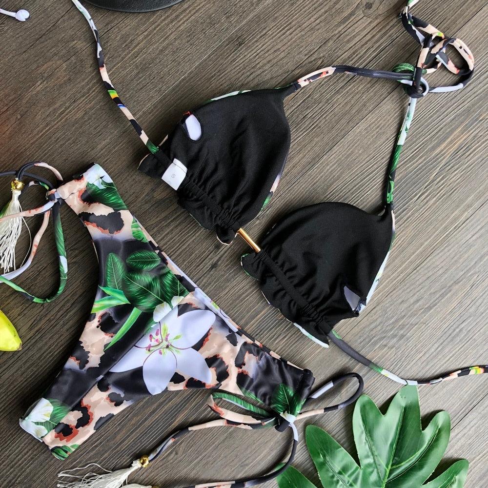 Maillot de bain deux pièces populaire pour femme - ensemble bikini push-up rembourré - ensemble bikini floral - maillot de bain deux pièces à volants taille basse - maillot de bain push-up