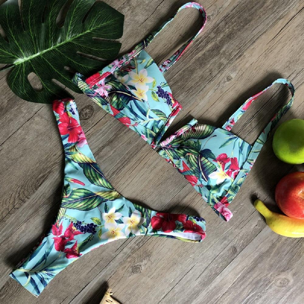 Maillot de bain deux pièces populaire pour femme - ensemble bikini push-up rembourré - ensemble bikini floral - maillot de bain deux pièces à volants taille basse - maillot de bain push-up