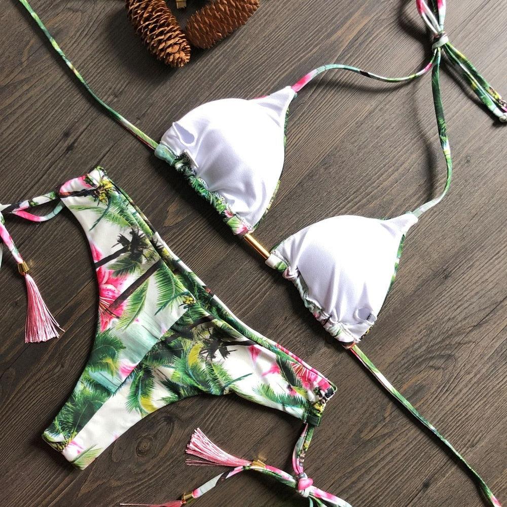 Maillot de bain deux pièces populaire pour femme - ensemble bikini push-up rembourré - ensemble bikini floral - maillot de bain deux pièces à volants taille basse - maillot de bain push-up